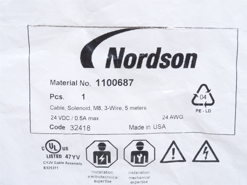 Nordson 1100687; Female Connector Cable; 3-Wire; 5m Long; M8