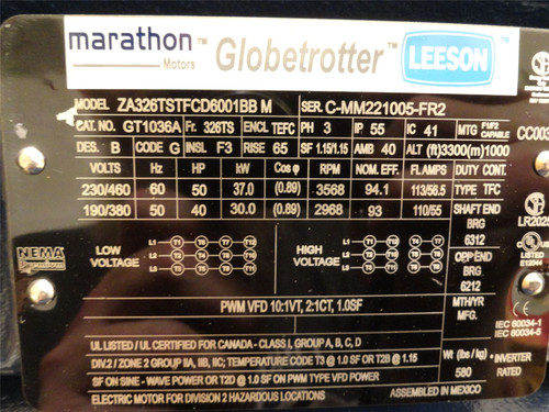 Marathon GT1036A; AC Motor 50HP; 230/460V; 3600RPM; 3PH; 60HZ