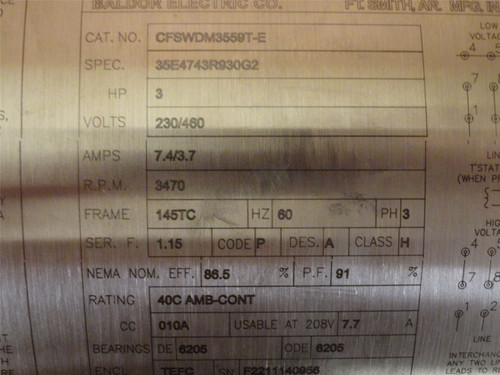Baldor CFSWDM3559T-E; AC Motor SS 3HP 230/460V 3470RPM 3PH