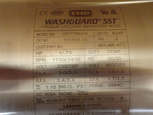 Leeson C6T17WK41A; AC Motor 191558; SS;1HP; 230/460V; 1800RPM