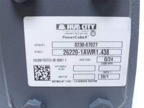 Hub City 0230-07027; Gear Reducer 20:1 Ratio 26220-1AWR1.438