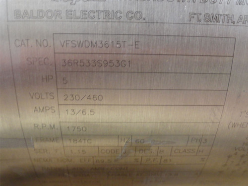 Baldor VFSWDM3615T-E; AC Motor SS 5HP 230/460V 1750RPM 3Ph