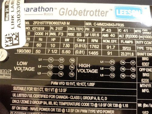 Leeson GT1519; AC Motor; 10HP; 230/460V; 1762RPM; 3PH; 60HZ