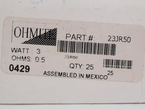 Ohmite 23JR50; Box-25. Wirewound Resistors; 0.5ohms; 3 Watt