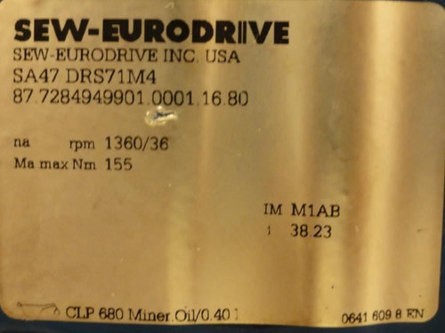 SEW-EuroDrive SA47DRS71M4; Gearbox; .33HP; 38:1 Ratio
