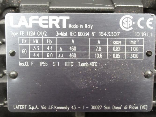 Lafert FB 112M C4/2; 2-Spd AC Motor 4.4Hp/6HP 460V 1720/3420RPM