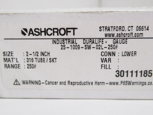 Ashcroft 25-1009-SW-02L-250; Pressure Gauge; 0-250Psi; 1/4NPT