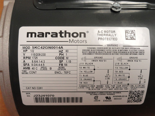 Marathon 5KC42GN0014A; AC Motor; 1/2HP; 115/208-230V; 1725RPM