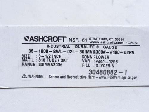 Ashcroft 35W1009SWL02LXR5/300; Pressure Gauge; SS; 0-300PSI