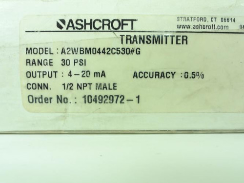 Ashcroft A2WBM0442C530#G; Pressure Transmitter;1/2"NPT;4-20mA