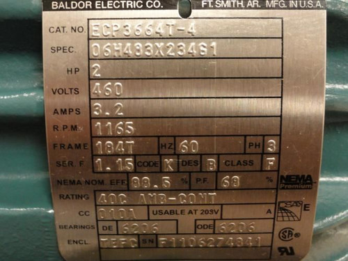 Baldor ECP3664T-4; Motor; 2 HP; 460VAC; 1160RPM; 3Ph
