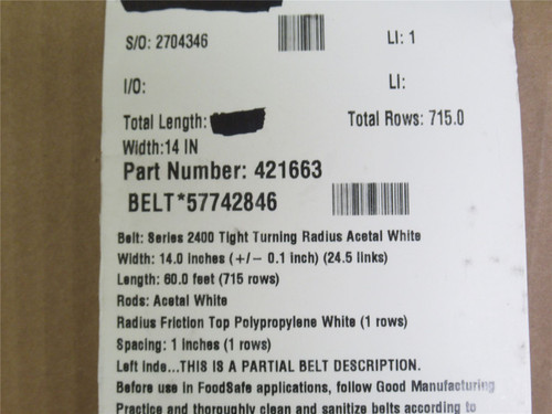 Intralox 57742846; Conveyor Belt S2400; 14" Wide x 19.64' Long