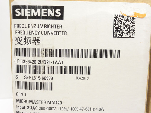 Siemens 6SE6420-2UD21-1AA1; Inverter Drive; 1.10Kw; 480VAC