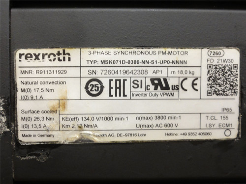 Rexroth MSK071D-0300-NN-S1-UP0-NNNN; Servo Motor R911311929