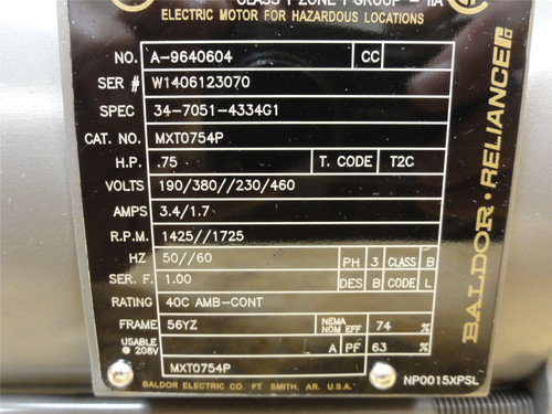 Baldor MXT0754P; AC Motor; 3/4HP; 230/460V; 1715RPM; 3-Phase