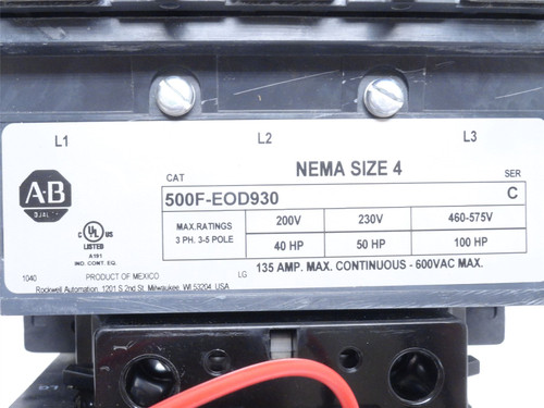 Allen-Bradley 500F-EOD930; NEMA-4 Contactor 135A 3P Coil 120V