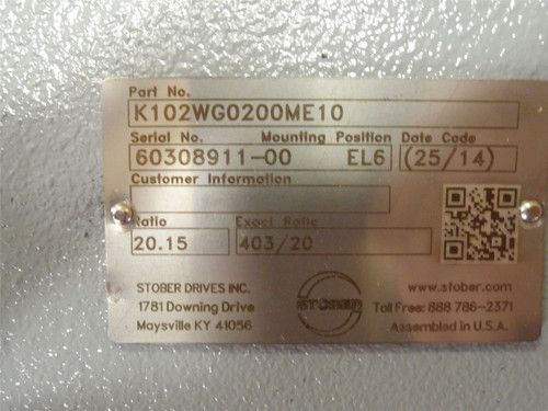 Stober K102WG0200ME10; Gearbox; 20.15:1 Ratio; RA