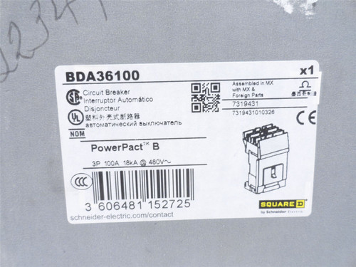 Square D BDA36100; Circuit Breaker; 100A; 3P; 525VAC
