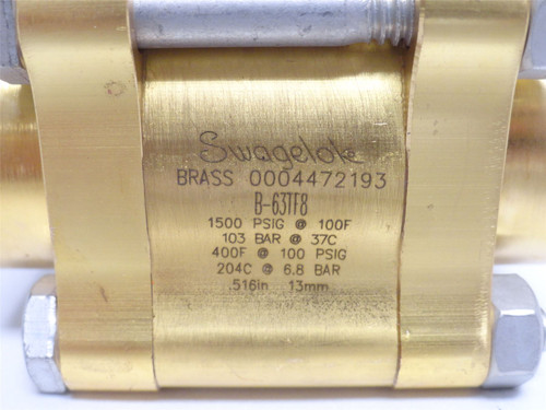 Swagelok B-63TF8; Brass Ball Valve; 1/2NPT; 100PSIG
