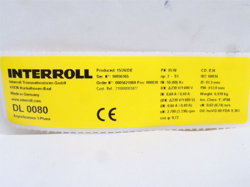 Interroll DL0080; AC Drum Motor 81.5mmOD x 412mm Wide .74m/s