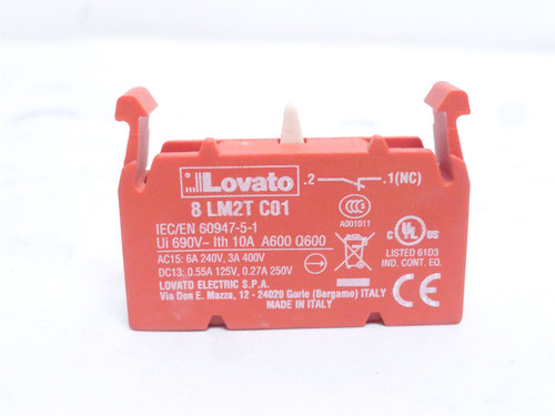 Lovato 8LM2TC01; Add-On Aux Contact 1-N/C; 10A; 600VAC