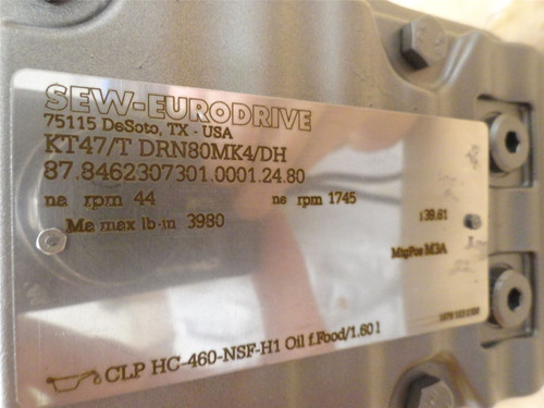SEW KT47/TDRN80MK4/DH; AC Gearmotor; 39.61:1 Ratio; 3/4HP
