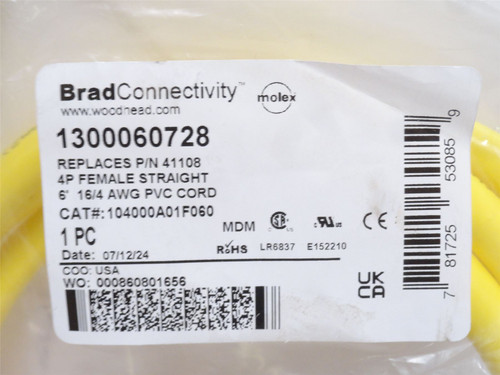 Woodhead 104000A01F060; Mini-Cordset; Straight Female; 4-Pin