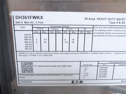 Eaton DH361FWKX; Fused Safety Switch; 30A; 600VAC; 3-Pole