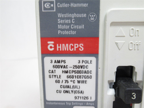 Cutler-Hammer HMCPS007C0; Motor Circuit Protector 3A; 600VAC