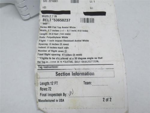 Intralox S800-2.7-12; Flighted Conveyor Belt 2.7" Wide; 12' L