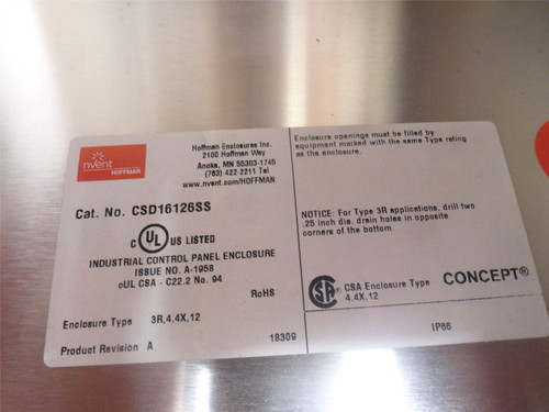 Hoffman CSD16126SS; Wall-Mount Enclosure; SS; 12" x 16" x6"