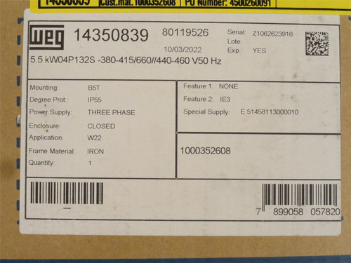 WEG TE1BF0X0; AC Motor; 7-1/2HP; 460V; 1770RPM; 3PH; 9.18A