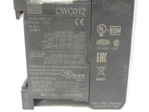 WEG CWC012.01E; Mini Contactor; 3P; 12A; 600VAC; Coil: 120VAC