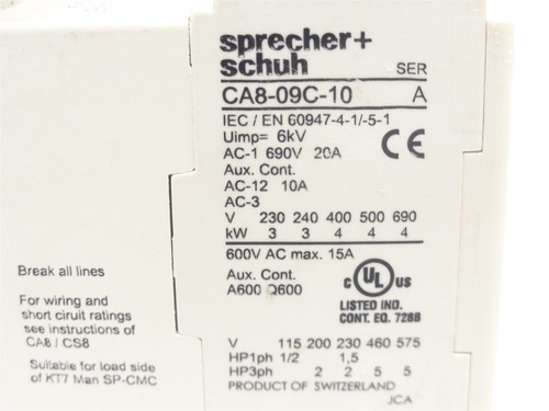 sprecher+schuh CA8-09C-10; Contactor; 9A; 3P 690VAC Coil 24VDC