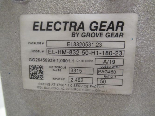 Grove Gear EL-HM-832-50-H1-180-23; Gear Reducer; RA; 50:1 Ratio