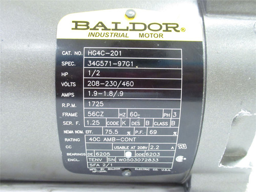 Baldor HG4C-97G1; AC Motor; 1/2HP; 208-230/460V; 1725RPM; 3Ph