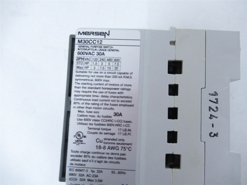 Mersen M30CC12; Fusible Dosconnect Switch 600VAC 30A