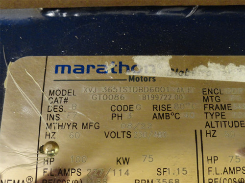 Marathon 365TSTDBD6001; AC Motor; 100HP; 230/460V; 3568RPM