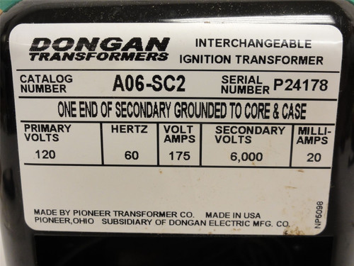 Dongan A06-SC2;  Ignition Transformer .175kVA  120VAC Primary