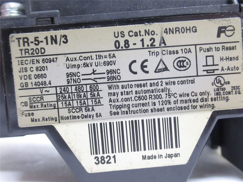 Fuji TR-5-1N/3; Thermal Overload Relay; 0.8-1.2A; 600VAC