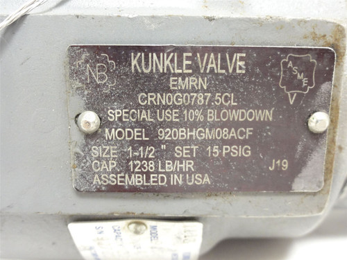 Kunkle 920BHGM08ACF; Safety Relief Valve; 1-1/2 x 2-1/2NPT; 15PSIG