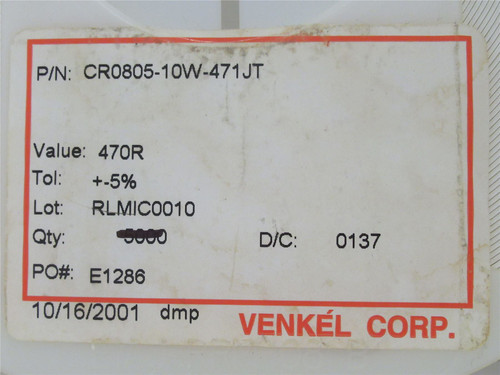 Venkel CR0805-10W-471JT; Lot-4900 Chip Resistor; 470ohms
