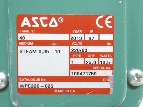 Asco WPE220-025; Brass Solenoid Valve; Steam; 10BAR; 1NPT