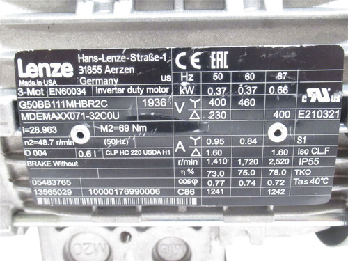 Lenze G50BB111MHBR2C; AC GearMotor 28.96:1R 1/2Hp 230/460V