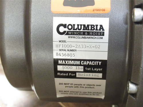 Columbia HF1000-2A33-X-02; Electric Hoist; 1000LBS; 230-460VAC