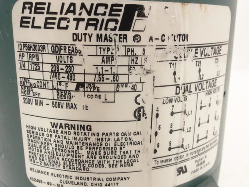 Reliance P56H3003R; AC Motor; 1/4Hp; 208-230/460-480V; 1725RPM