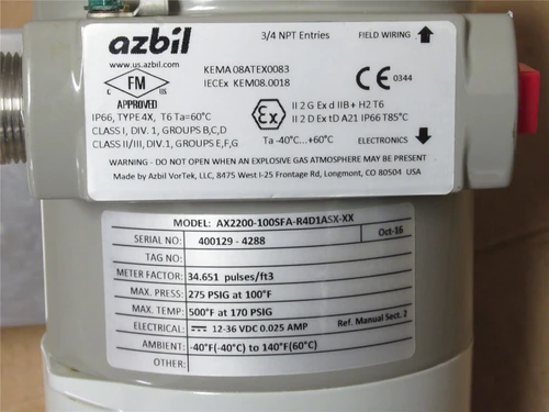 Azbil AX2200-100SFA-R4D1ASX-XX; Vortex Flow Meter; 12-36VDC