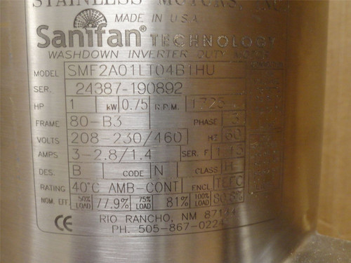 Sanifan SMF2A01LT04B1HU; SS AC Motor 1HP 230/460VAC 1725RPM