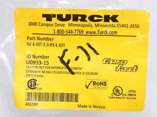Turck RK 4.43T-1.3-RS 4.43T; Connector Cordset U0933-15
