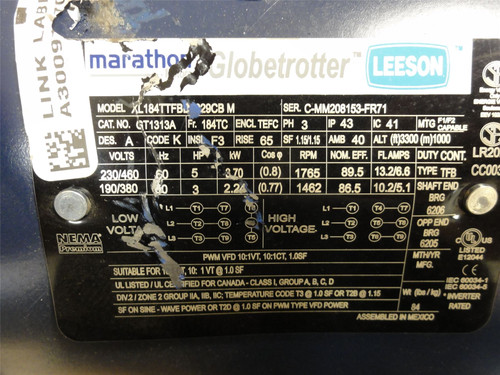 Marathon Cat: GT1313A; AC Motor 5HP 1765PM 230/460VAC
